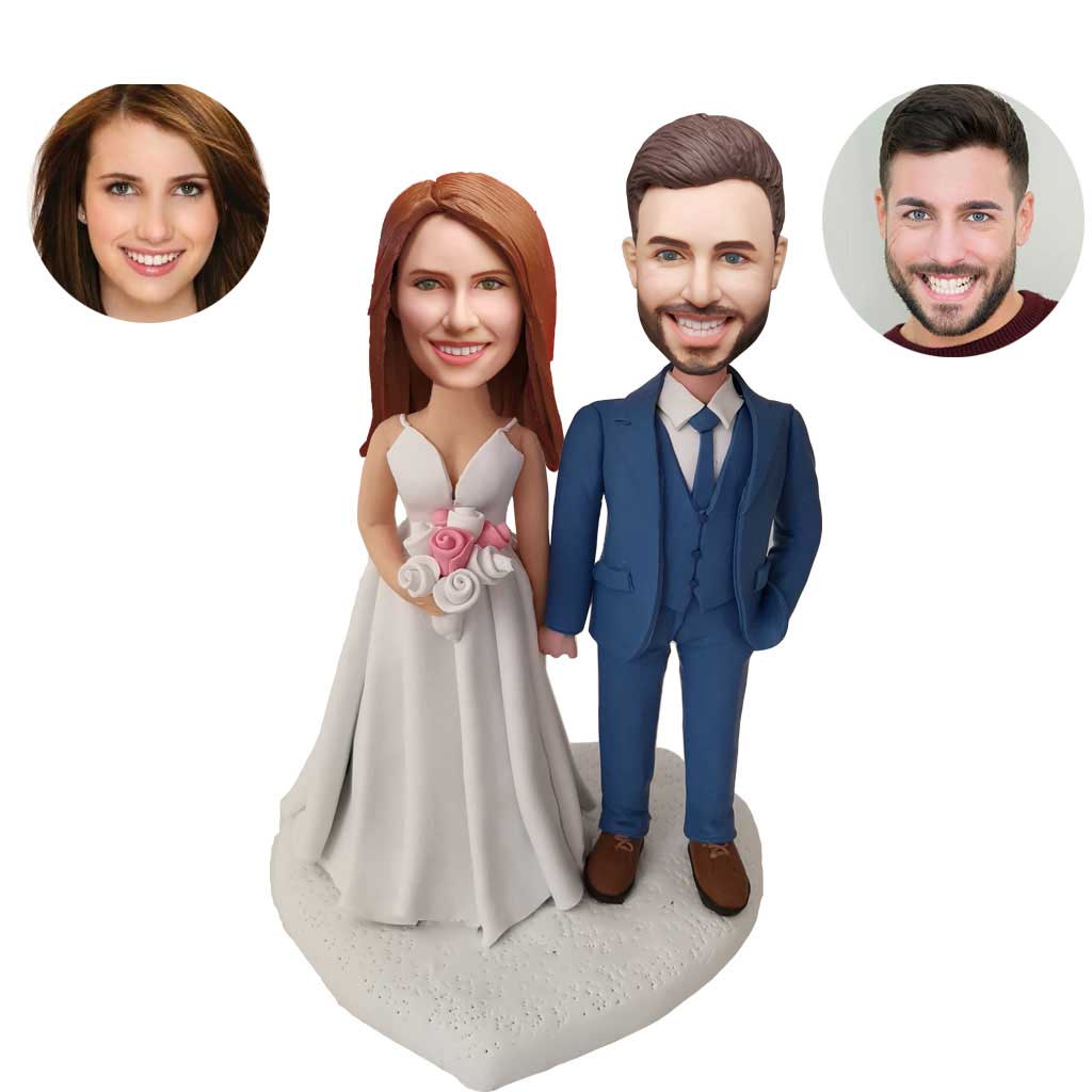 Custom wedding bobblehead in a blue suit