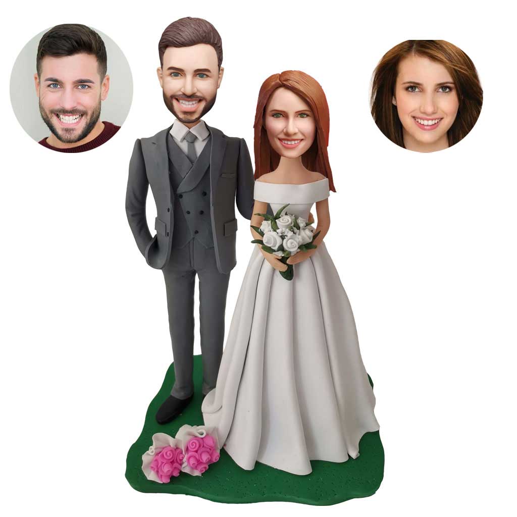 Custom wedding bobblehead in a gray dress