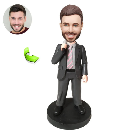 Custom Bobblehead for Business Man Speaking Into a Microphone