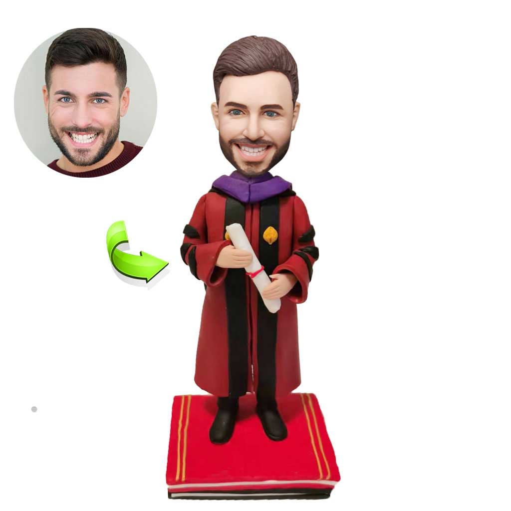 Custom bobblehead for the red-robed male graduate