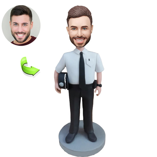 Male Policeman Holding A Police Hat Custom Bobblehead