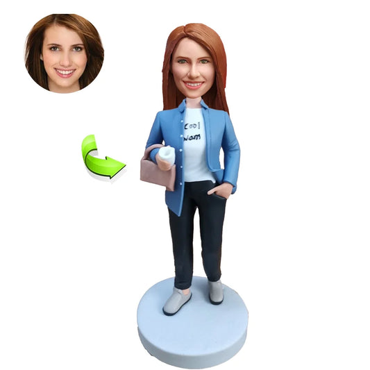 Casual Mom Bobblehead in a Blue Shirt