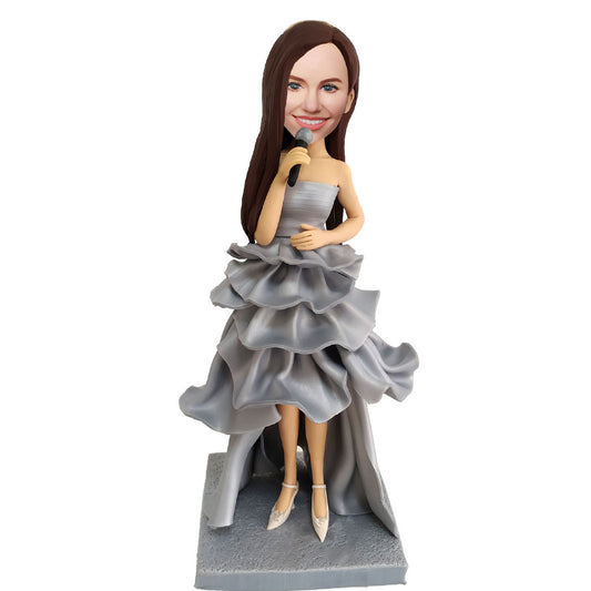 Custom Bobblehead For Singer In Gray Evening Dress