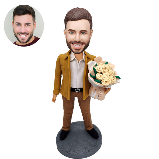 Custom Bobblehead Doll Of A Man Holding Flowers