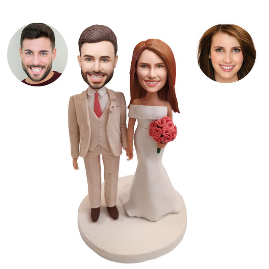 Wedding Custom Bobblehead With Pink Flowers In A Light Dress